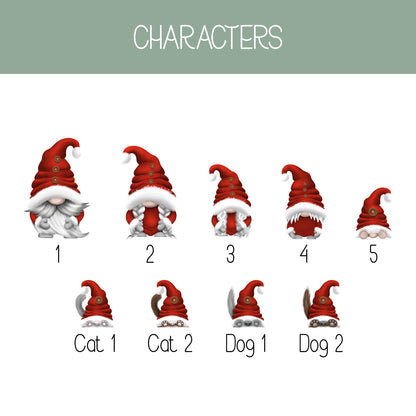 A character reference chart titled 'CHARACTERS' showing multiple gnome and dog/cat illustrations labelled 1 through 5, with cat and dog variants labelled Cat 1, Cat 2, Dog 1, and Dog 2 on a white background with a muted green header.