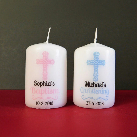 PERSONALISED 6CM CROSS CHRISTENING CANDLE FAVOURS PK10 M016