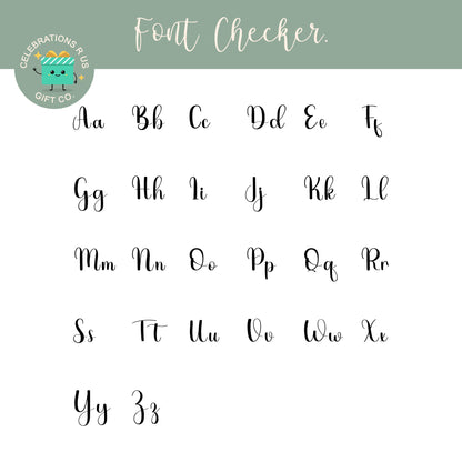 A font checker graphic showing uppercase and lowercase cursive alphabet letters from A to Z in black script, with a sage green header reading 'Font Checker.' and a circular 'Celebrations Plus Gift Co' logo in the top left.