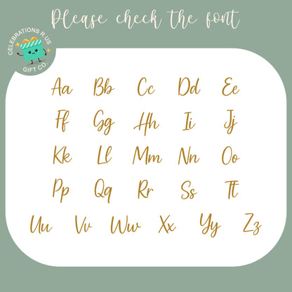A digital preview graphic showing lowercase alphabet letters from A to Z in a thin, handwritten font, labeled 'Please check the font.' The letters are displayed in gold on a white rounded rectangle over a muted sage green background.