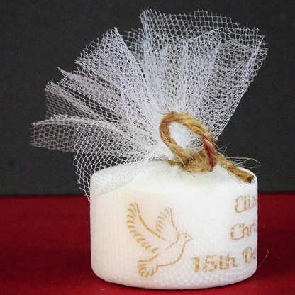 PERSONALISED RUSTIC CHRISTENING TEALIGHT FAVOURS PK10 TL006