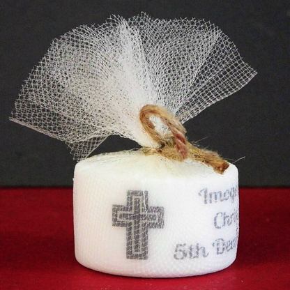 PERSONALISED RUSTIC CHRISTENING TEALIGHT FAVOURS PK10 TL006