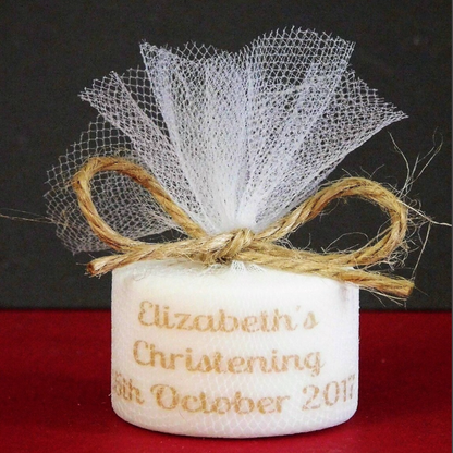 PERSONALISED RUSTIC CHRISTENING TEALIGHT FAVOURS PK10 TL006