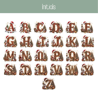 A sheet of decorative alphabet initial letters from A to Z, each styled with a Christmas tree, ornaments, Santa hats, gifts, and holiday decorations. The word 'Initials' appears at the top on a muted green banner, and the letters are arranged on a white background.