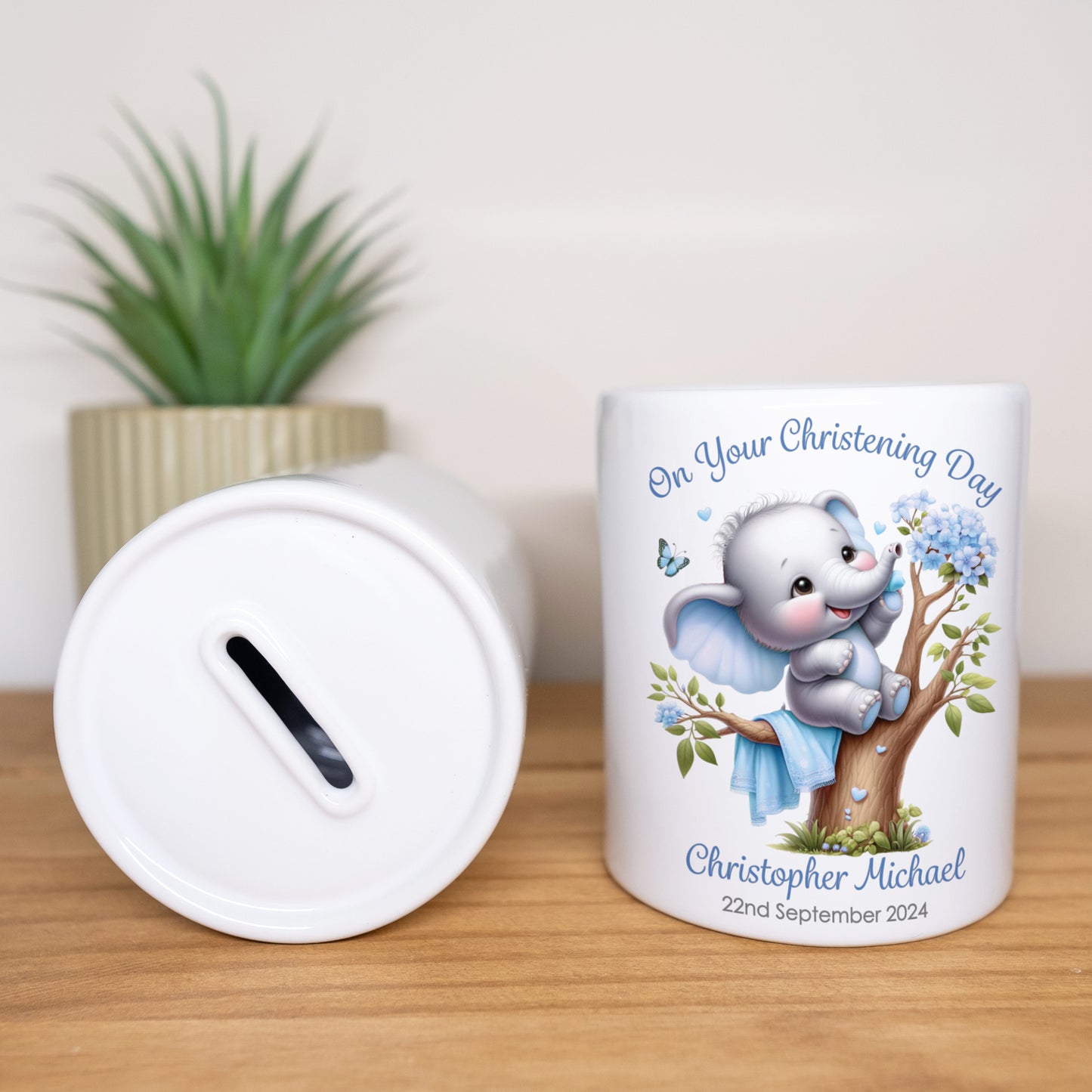 PERSONALISED BABY ELEPHANT CHRISTENING CERAMIC MONEY BOX MB006