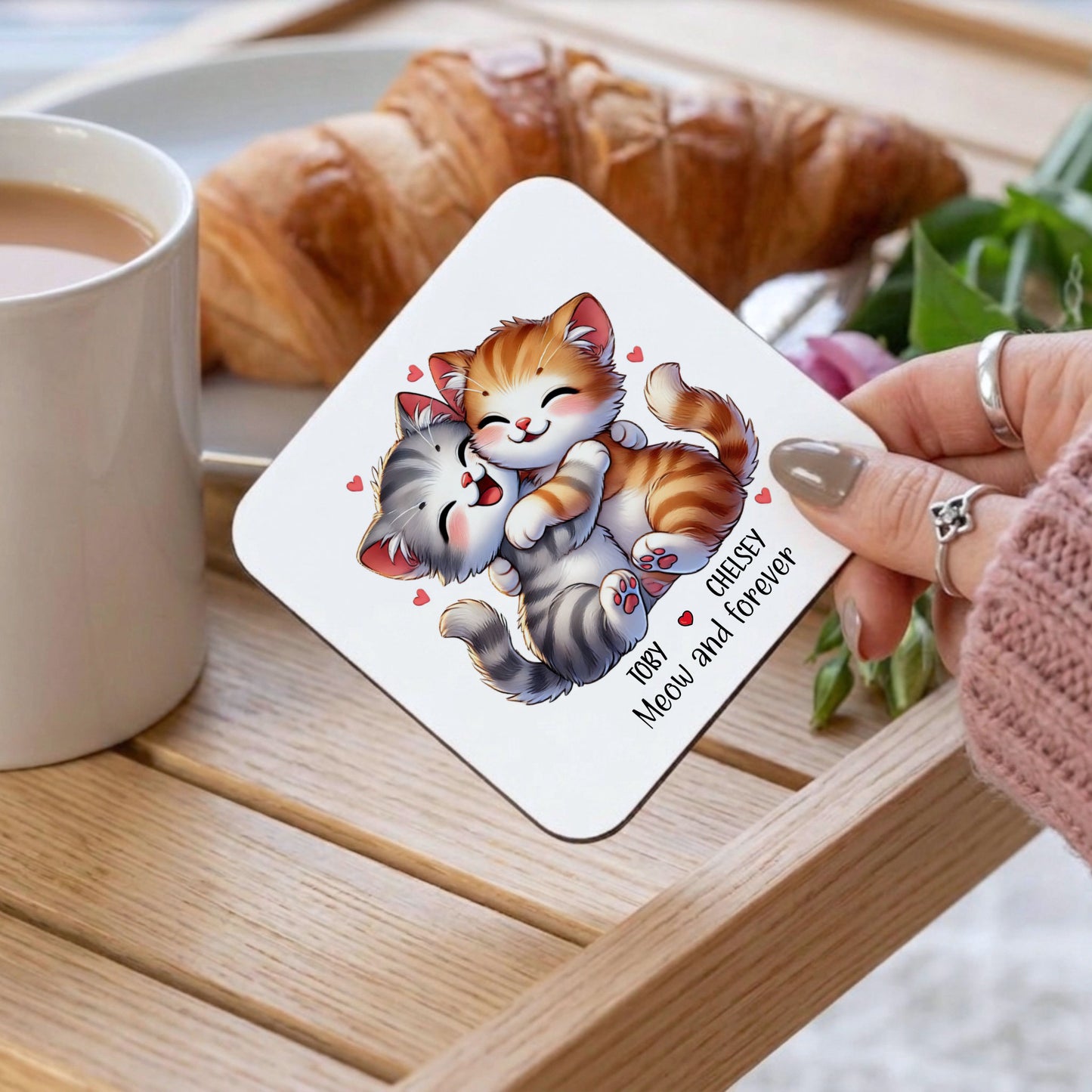 Personalised Meow and Forever Couples Kitten Coaster