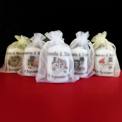 PERSONALISED 60MM SKULL WEDDING CANDLE FAVOURS PK10 - M027