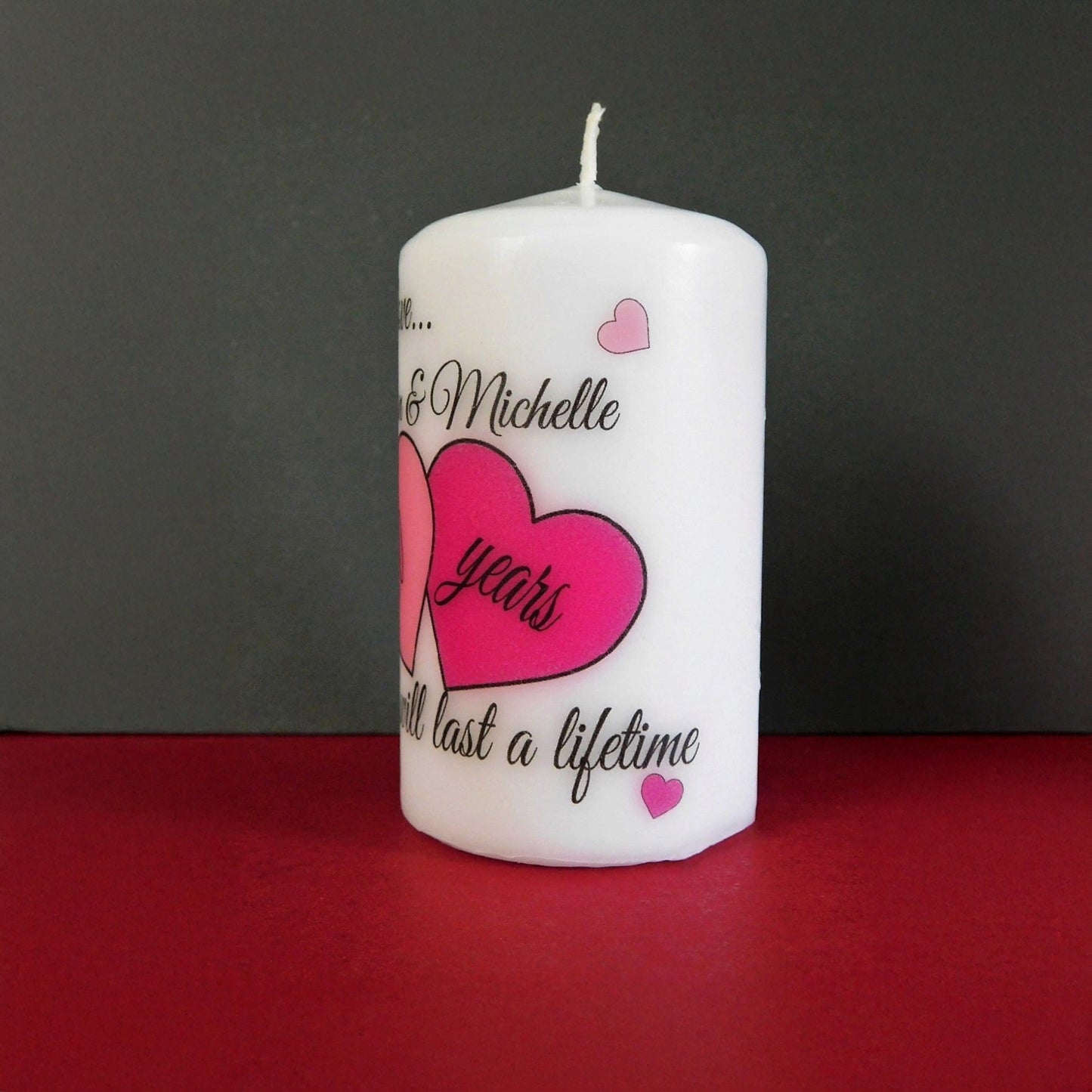 PERSONALISED ANNIVERSARY HEARTS PILLAR CANDLE (2 SIZES)