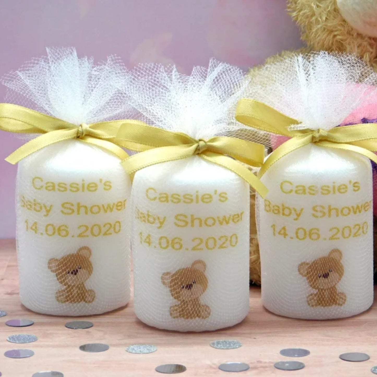 PERSONALISED PK10 6CM TEDDY BEAR BABY SHOWER CANDLE FAVOURS M004