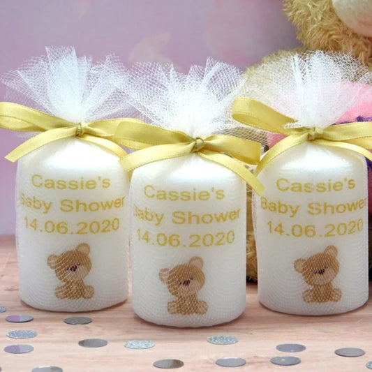 PERSONALISED PK10 6CM TEDDY BEAR BABY SHOWER CANDLE FAVOURS M004