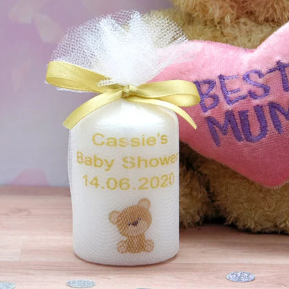 PERSONALISED PK10 6CM TEDDY BEAR BABY SHOWER CANDLE FAVOURS M004