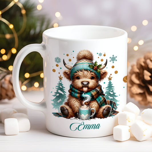 PERSONALISED GREEN HIGHLAND COW CHRISTMAS MUG MG134