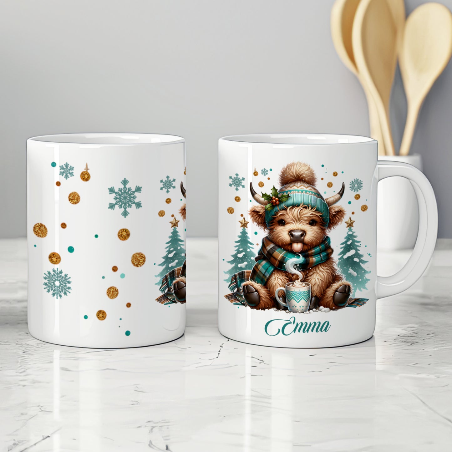 PERSONALISED GREEN HIGHLAND COW CHRISTMAS MUG MG134