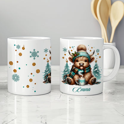 PERSONALISED GREEN HIGHLAND COW CHRISTMAS MUG MG134