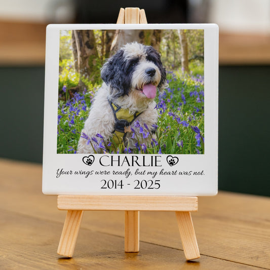 Memorial photo frame with a dog's picture and text on a wooden stand.
