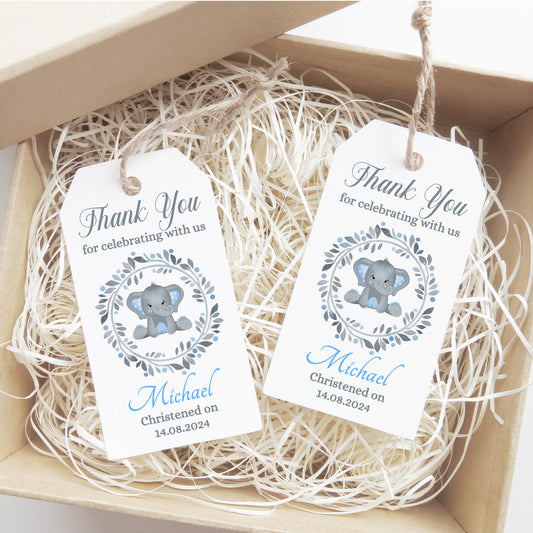 PERSONALISED BLUE ELEPHANT CHRISTENING / BAPTISM TAGS PK10 T030