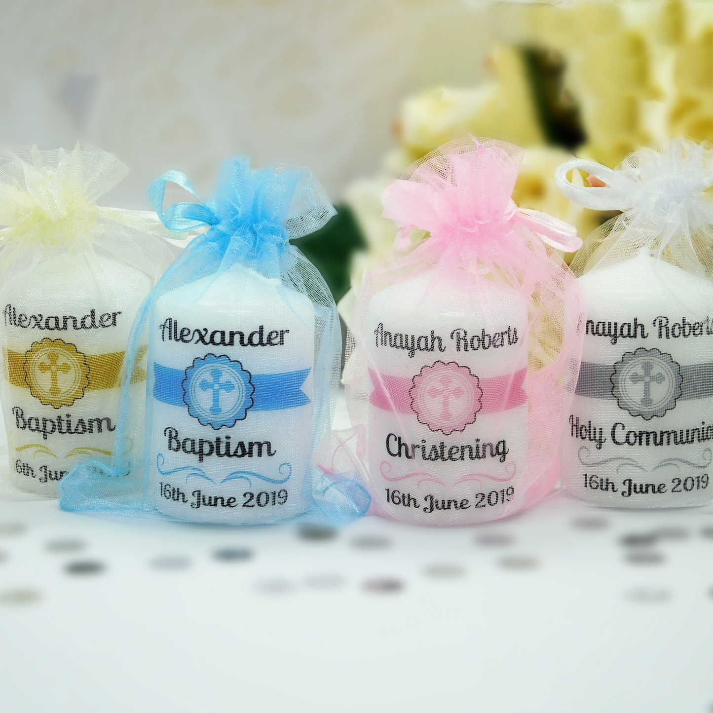 PERSONALISED 6CM CHRISTENING CANDLE FAVOURS PK10 M019