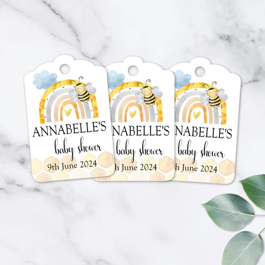 PERSONALISED BEE / RAINBOW BABY SHOWER TAGS PK12 T015