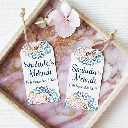 PERSONALISED BLUE MEHNDI FAVOUR TAGS T032