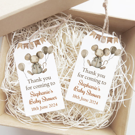 PERSONALISED MOUSE BABY SHOWER TAGS WITH TWINE T007