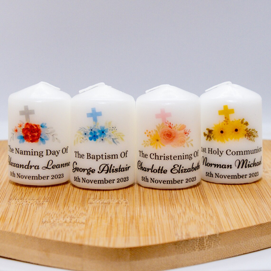 PERSONALISED 6CM FLORAL CROSS CHRISTENING CANDLE FAVOURS PK10 M014