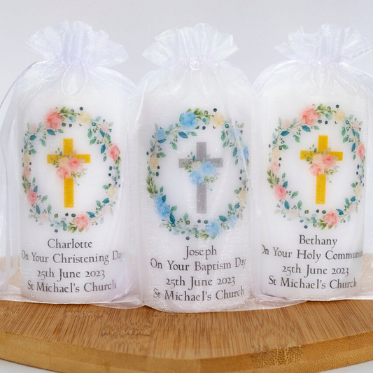 PERSONALISED 12CM FLORAL CROSS CHRISTENING CANDLE P010