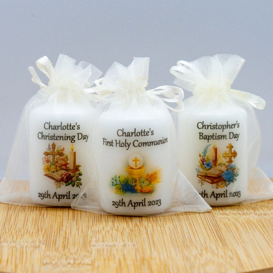 PERSONALISED PK10 RUSTIC/VINTAGE 6CM CANDLE FAVOURS M020