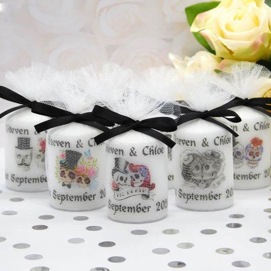 PERSONALISED GOTHIC WEDDING CANDLE FAVOURS, CHOICE OF RIBBON COLOURS - PK 10