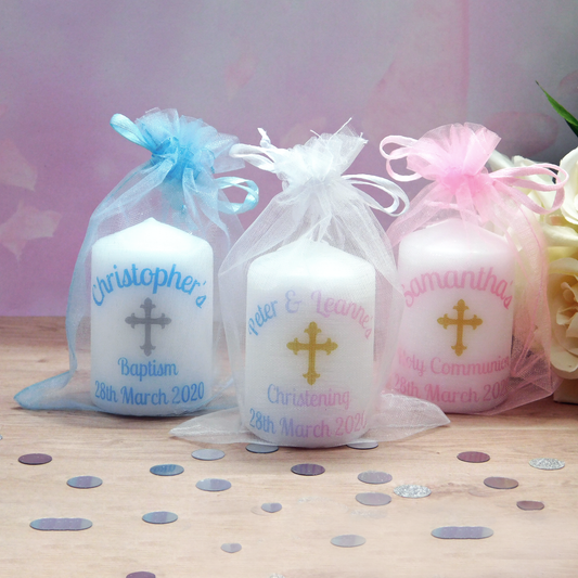 PERSONALISED 6CM CHRISTENING CANDLE FAVOURS PK10 M012