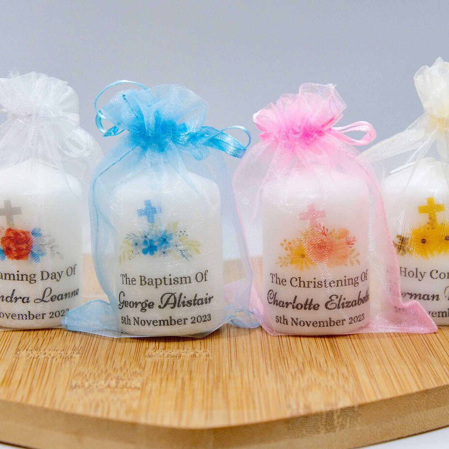 PERSONALISED PK10 6CM FLORAL CROSS CHRISTENING CANDLE FAVOURS M014