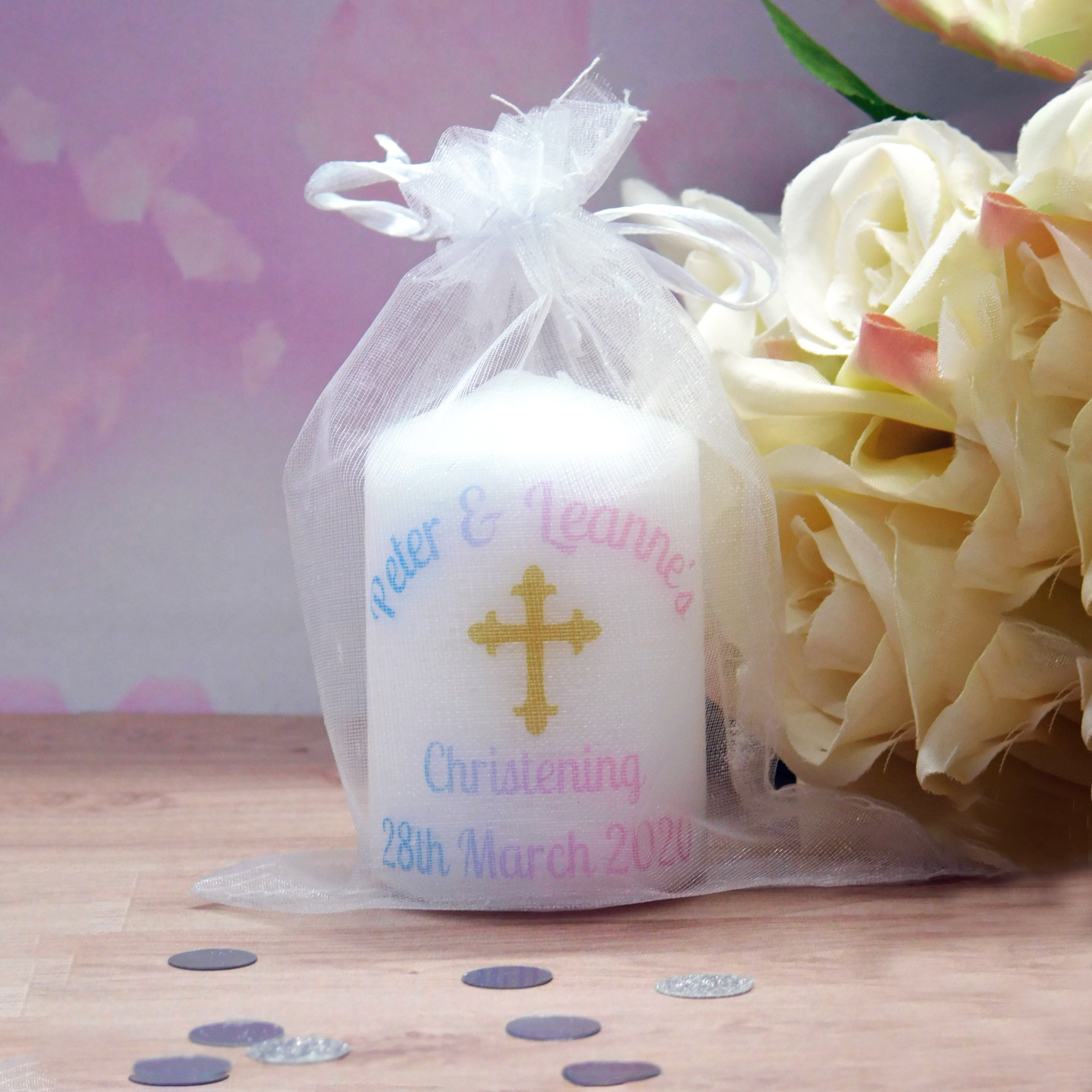 PERSONALISED 6CM CHRISTENING CANDLE FAVOURS PK10 M012