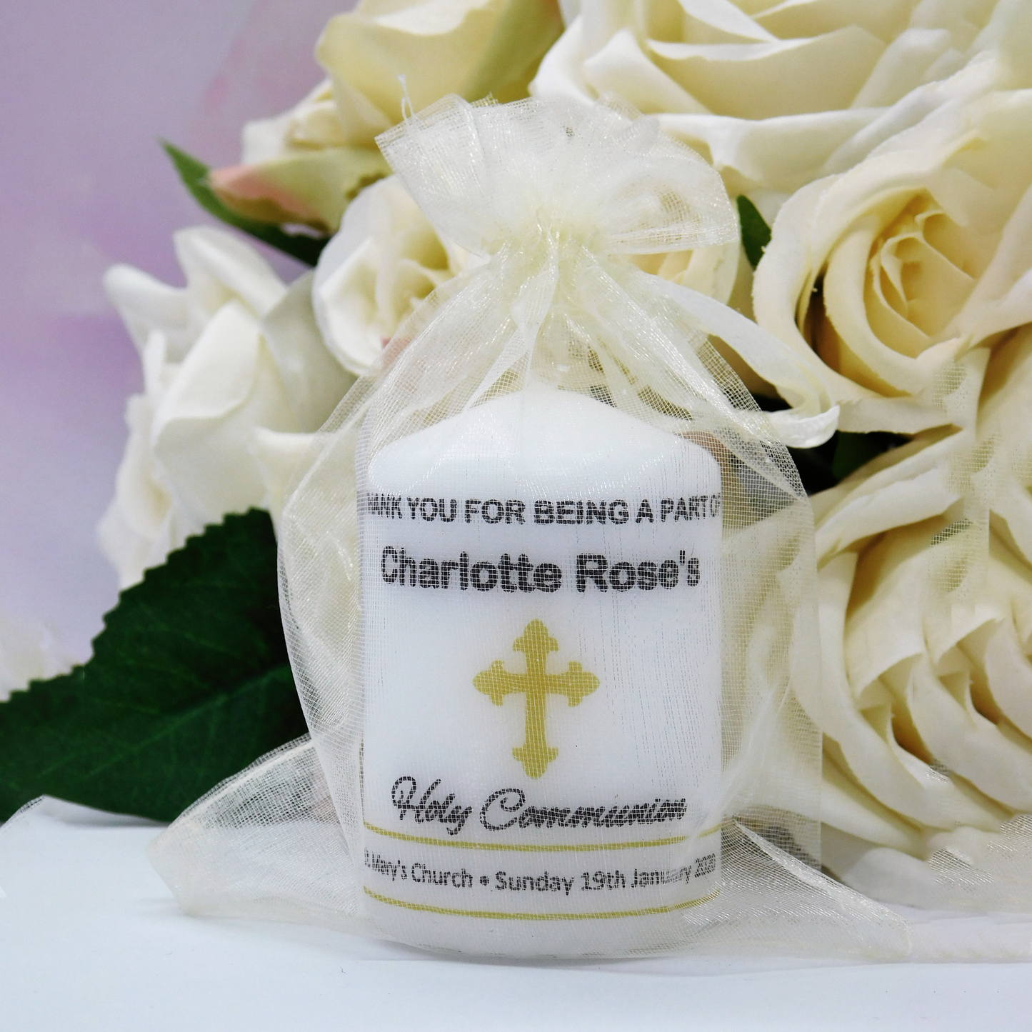 PERSONALISED 6CM CHRISTENING CANDLE FAVOURS PK10 M015