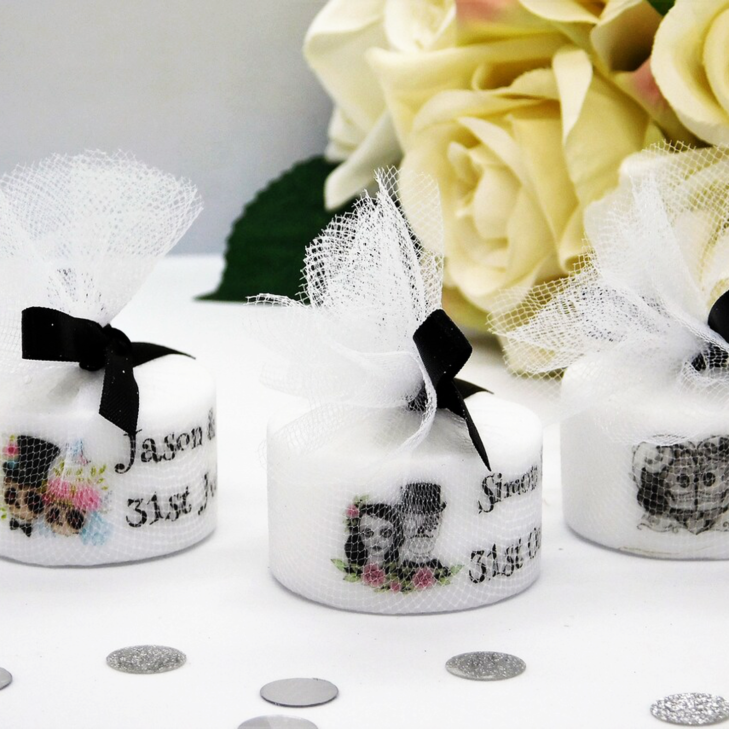 PERSONALISED PK10 GOTHIC TEALIGHT WEDDING FAVOURS TL009