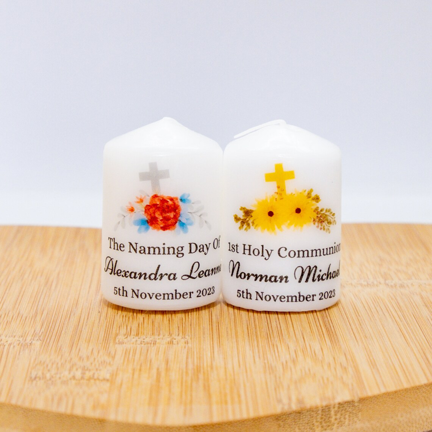 PERSONALISED PK10 6CM FLORAL CROSS CHRISTENING CANDLE FAVOURS M014