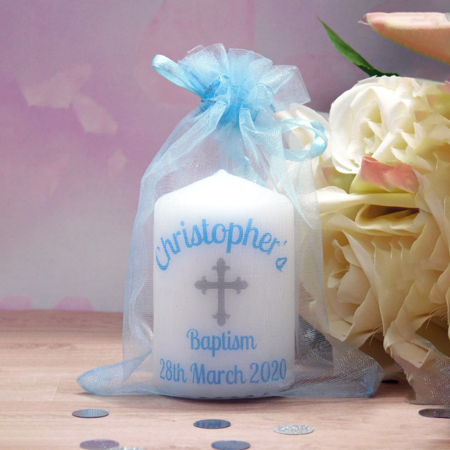 PERSONALISED 6CM CHRISTENING CANDLE FAVOURS PK10 M012