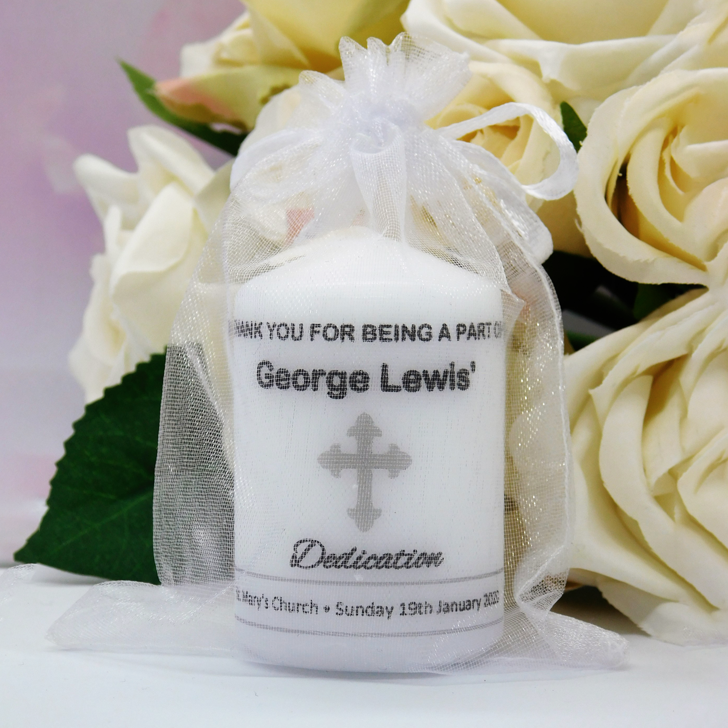 PERSONALISED 6CM CHRISTENING CANDLE FAVOURS PK10 M015