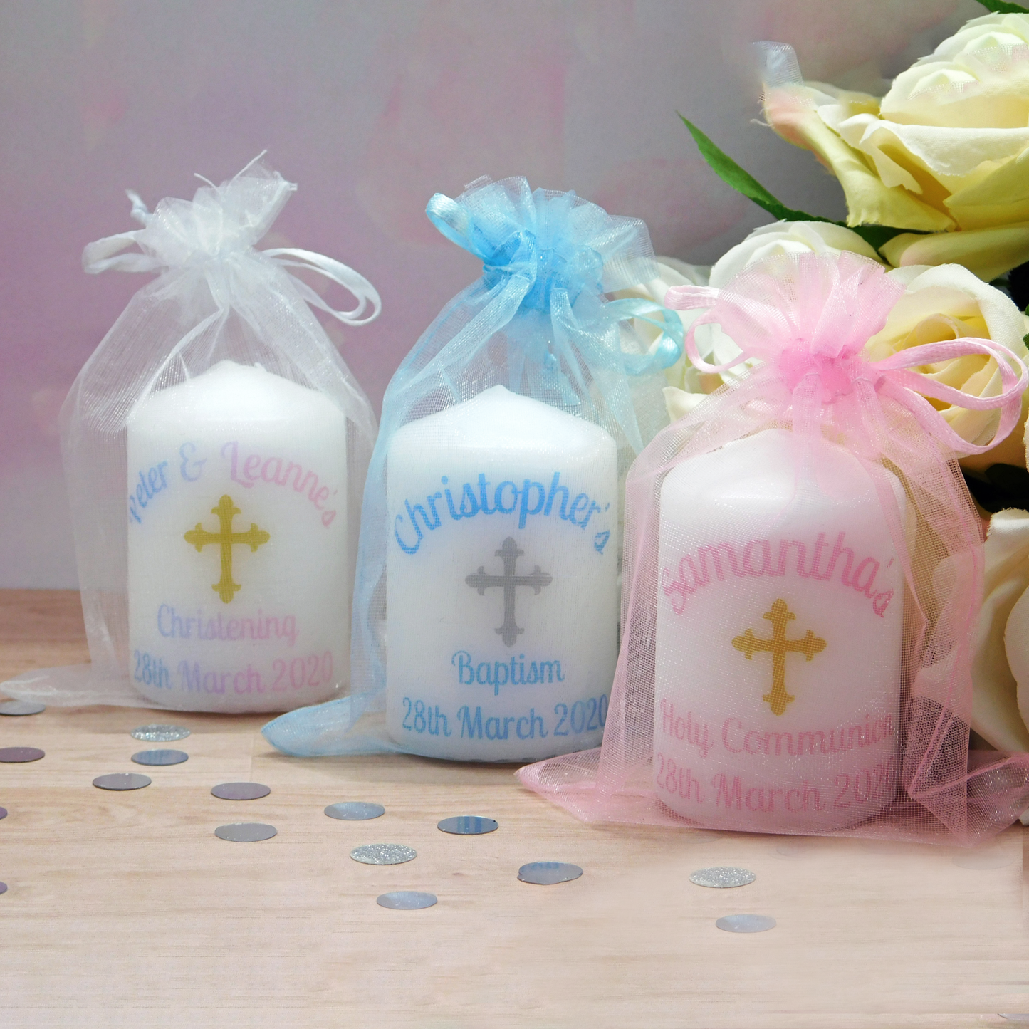 PERSONALISED 6CM CHRISTENING CANDLE FAVOURS PK10 M012