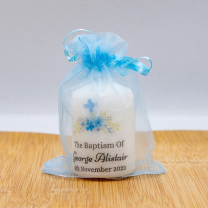PERSONALISED PK10 6CM FLORAL CROSS CHRISTENING CANDLE FAVOURS M014