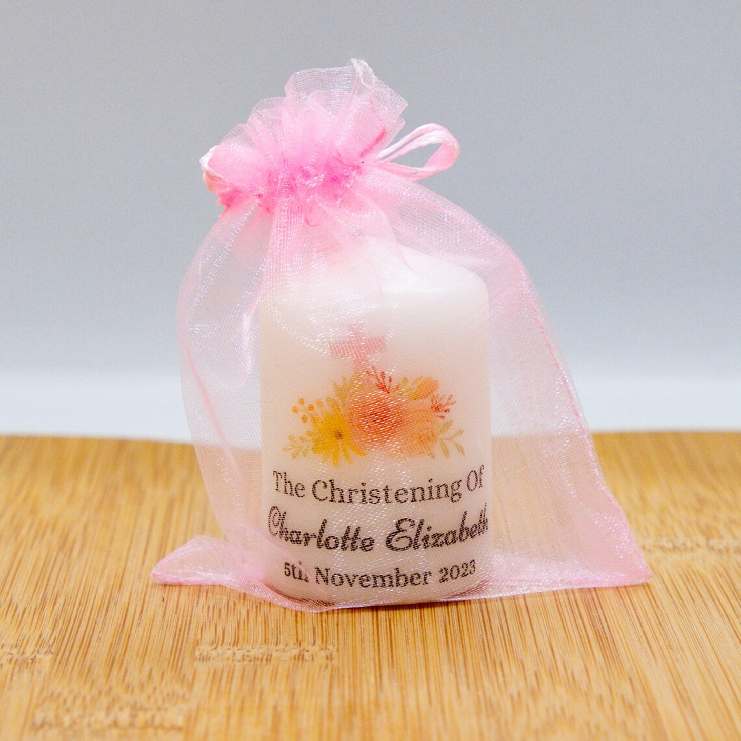 PERSONALISED PK10 6CM FLORAL CROSS CHRISTENING CANDLE FAVOURS M014