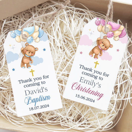 PERSONALISED TEDDY BEAR CHRISTENING / BAPTISM TAGS PK 10 T028