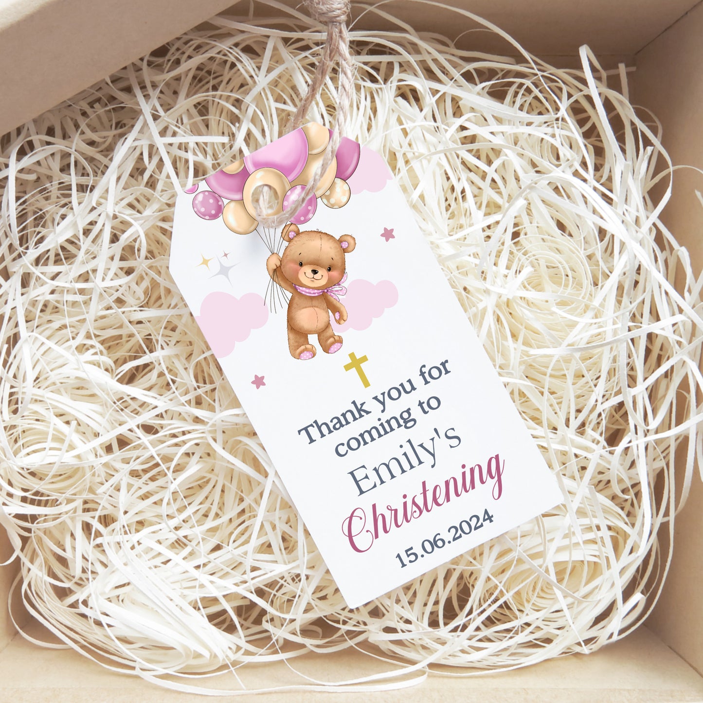 PERSONALISED TEDDY BEAR CHRISTENING / BAPTISM TAGS PK 10 T028