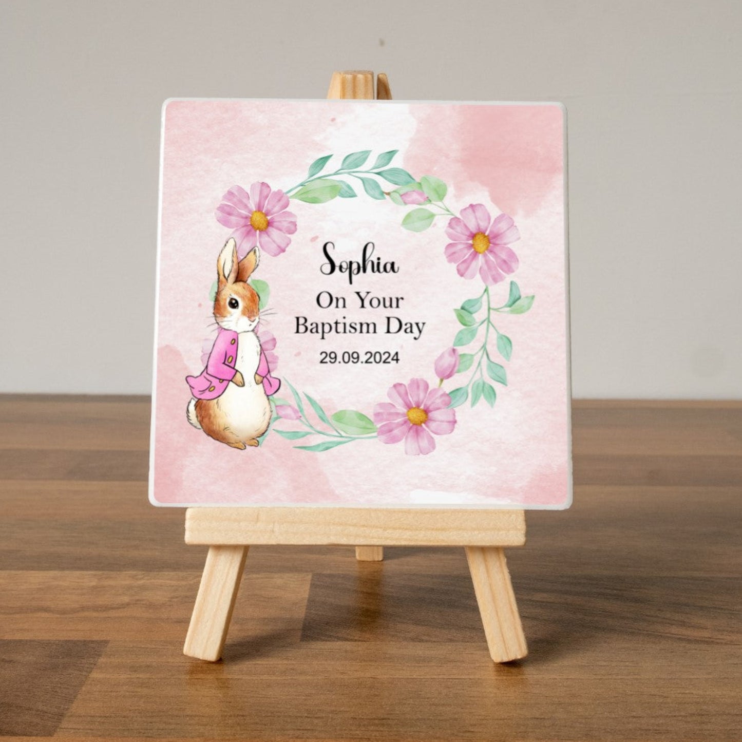 CUSTOM FLOPSY BUNNY CHRISTENING PLAQUE  WITH EASEL