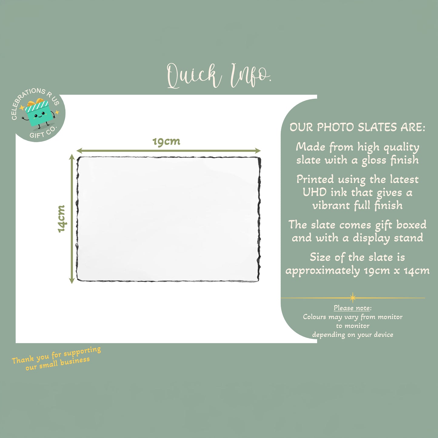 A product information graphic for photo slates showing a rectangular white slate sample with dimensions marked as 19cm by 14cm. The design has a sage green background with text describing the photo slates, including a note that colours may vary depending on the monitor.