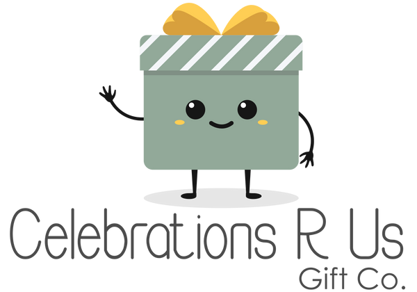 A cute cartoon gift box character with a smiling face, waving arm, and legs, above the text 'Celebrations R Us Gift Co.' on a white background.