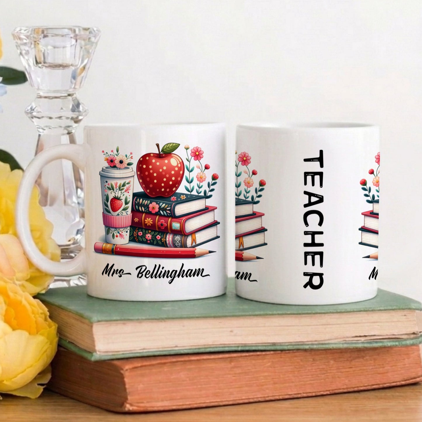 Personalised teacher mug with colourful stacked books and red apple design, customised with a teacher's name