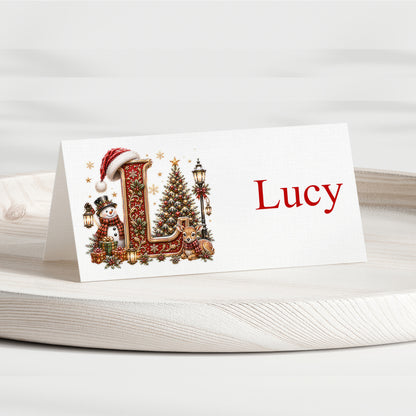 Personalised Christmas alphabet place card with illustrated L initial and name Lucy