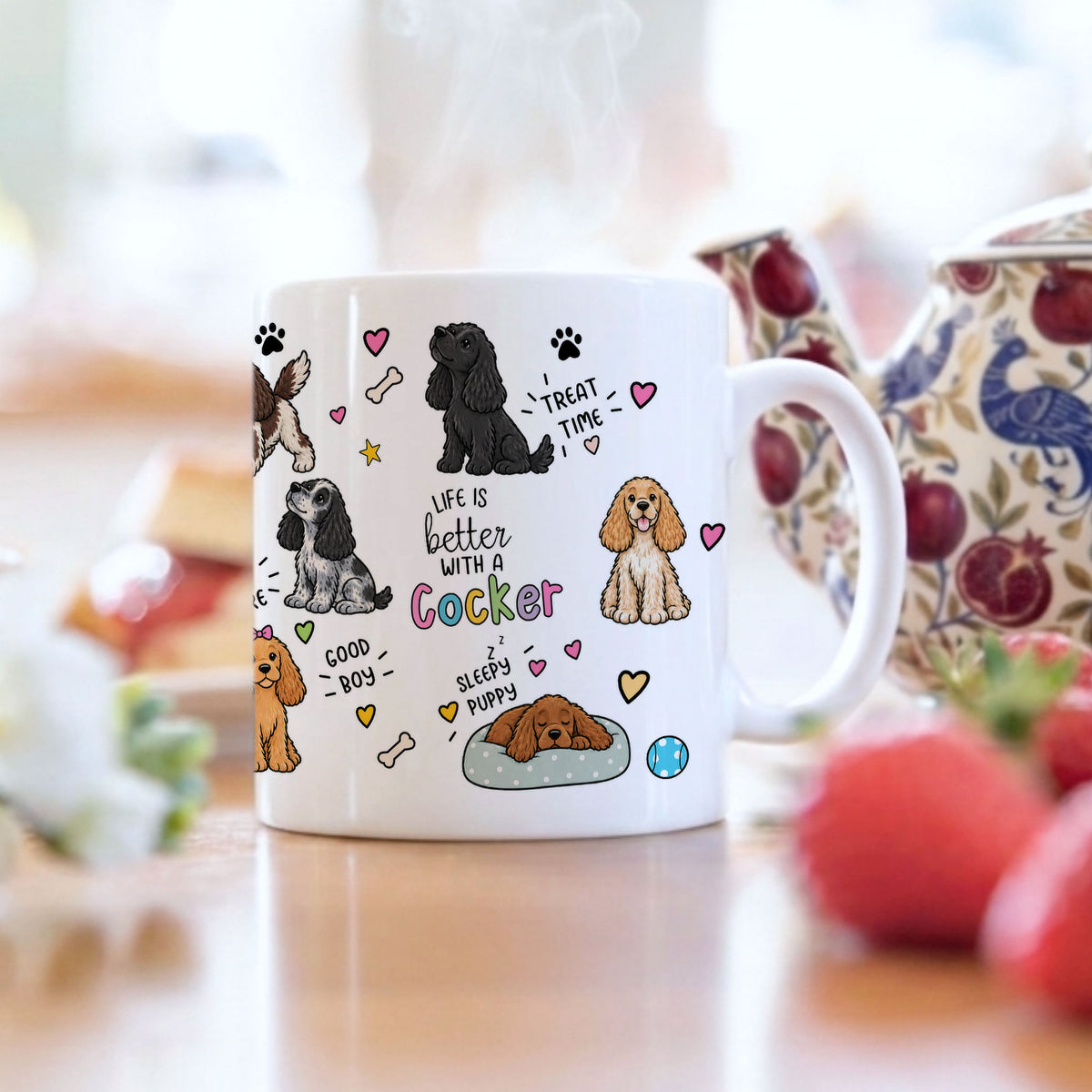 A white ceramic mug with a colourful cartoon dog design and the text 'Life is better with a Cocker' sits on a wooden table in a kitchen setting, with a teapot and strawberries blurred in the background.