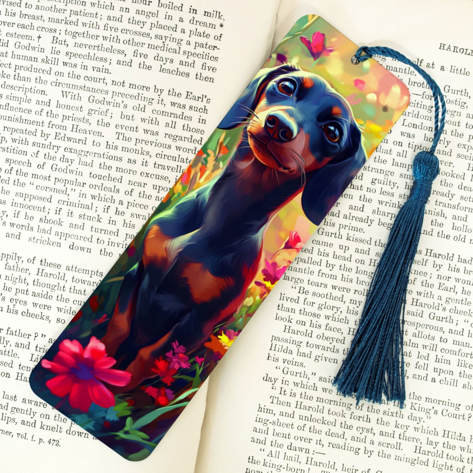 Colorful bookmark with a dachshund design on an open book