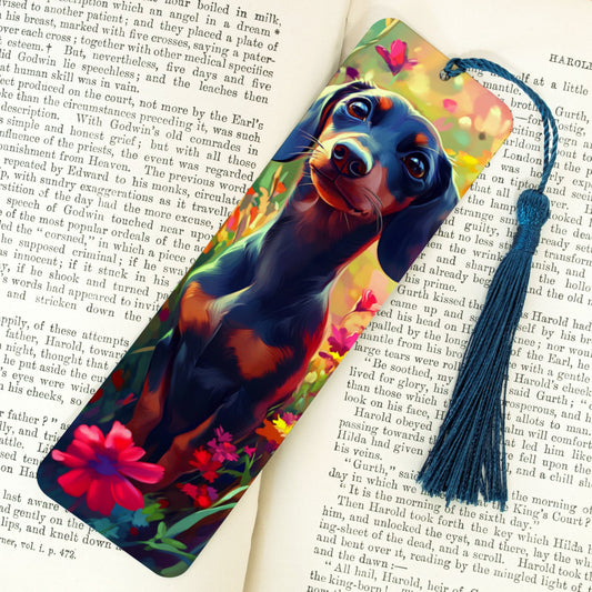 Colorful bookmark with a dachshund design on an open book