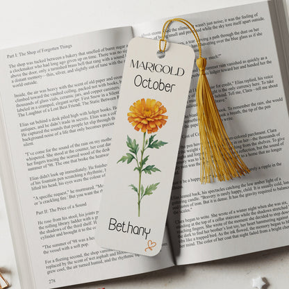 PERSONALISED BIRTH FLOWER METAL BOOKMARK WITH TASSEL